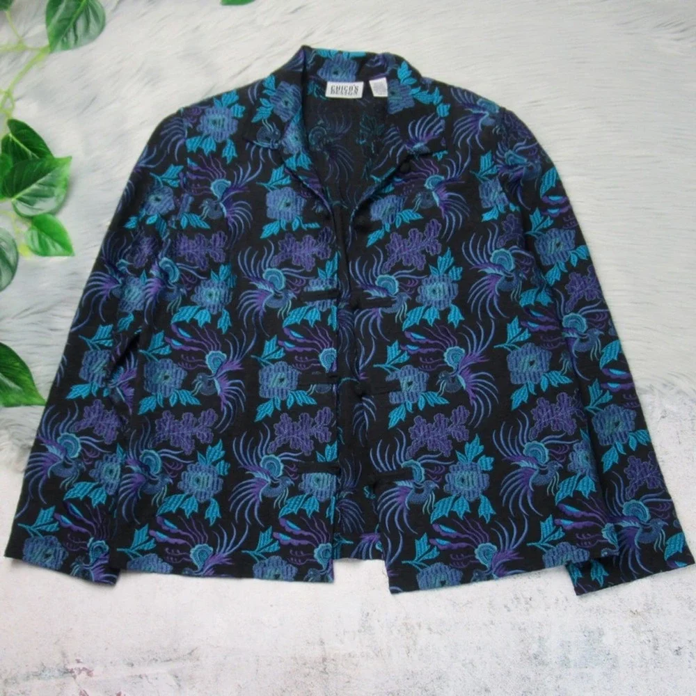CHICO’S Japanese Asian Inspired Embroidered Silk Linen Blend Toggle Front Jacket